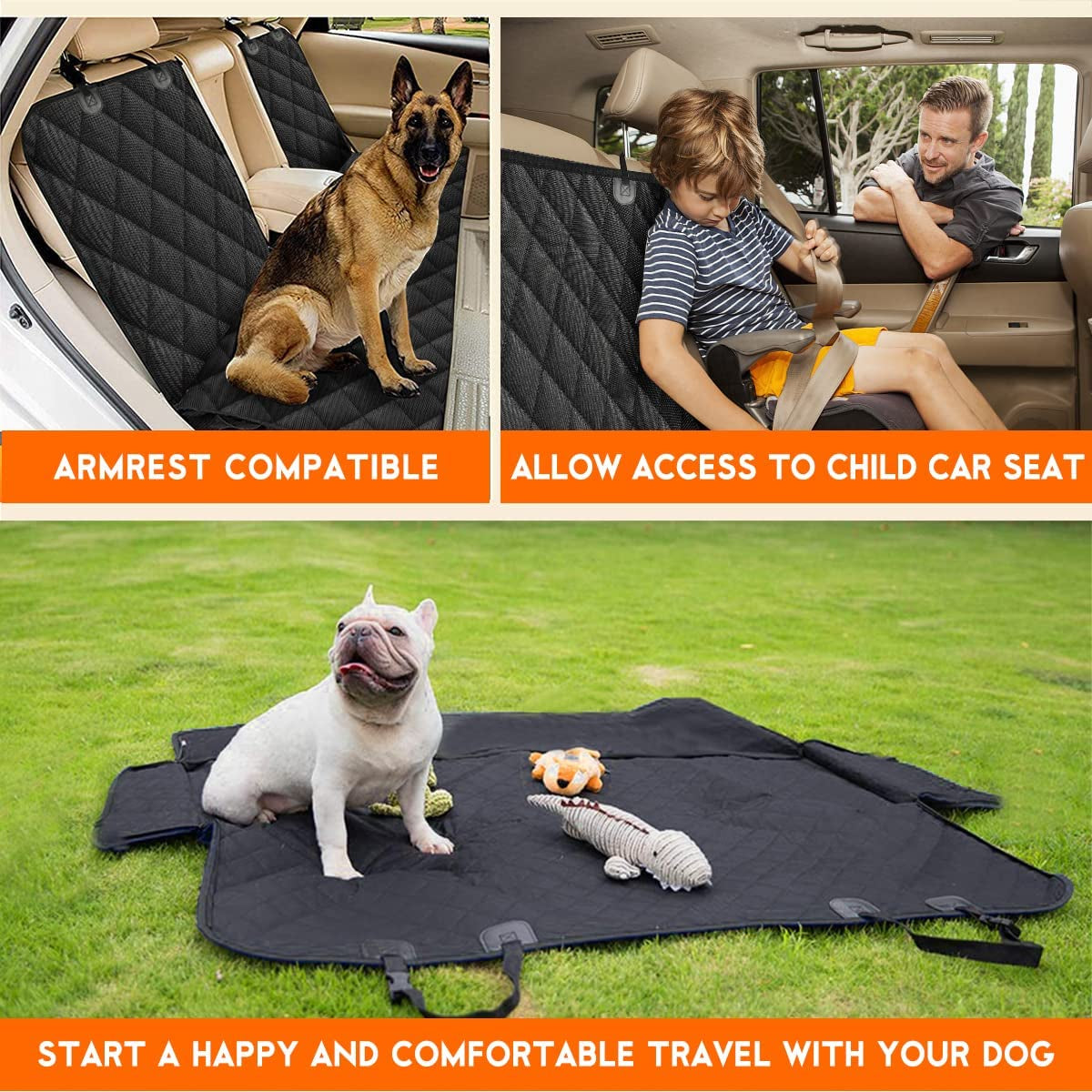 Dog Car Seat Cover for Back Seat – Waterproof, Non-Slip, Bench Protector for Dogs & Kids, Adjustable Seat Belts & Headrest Straps, Fits Most Cars, Trucks & SUVs – Black