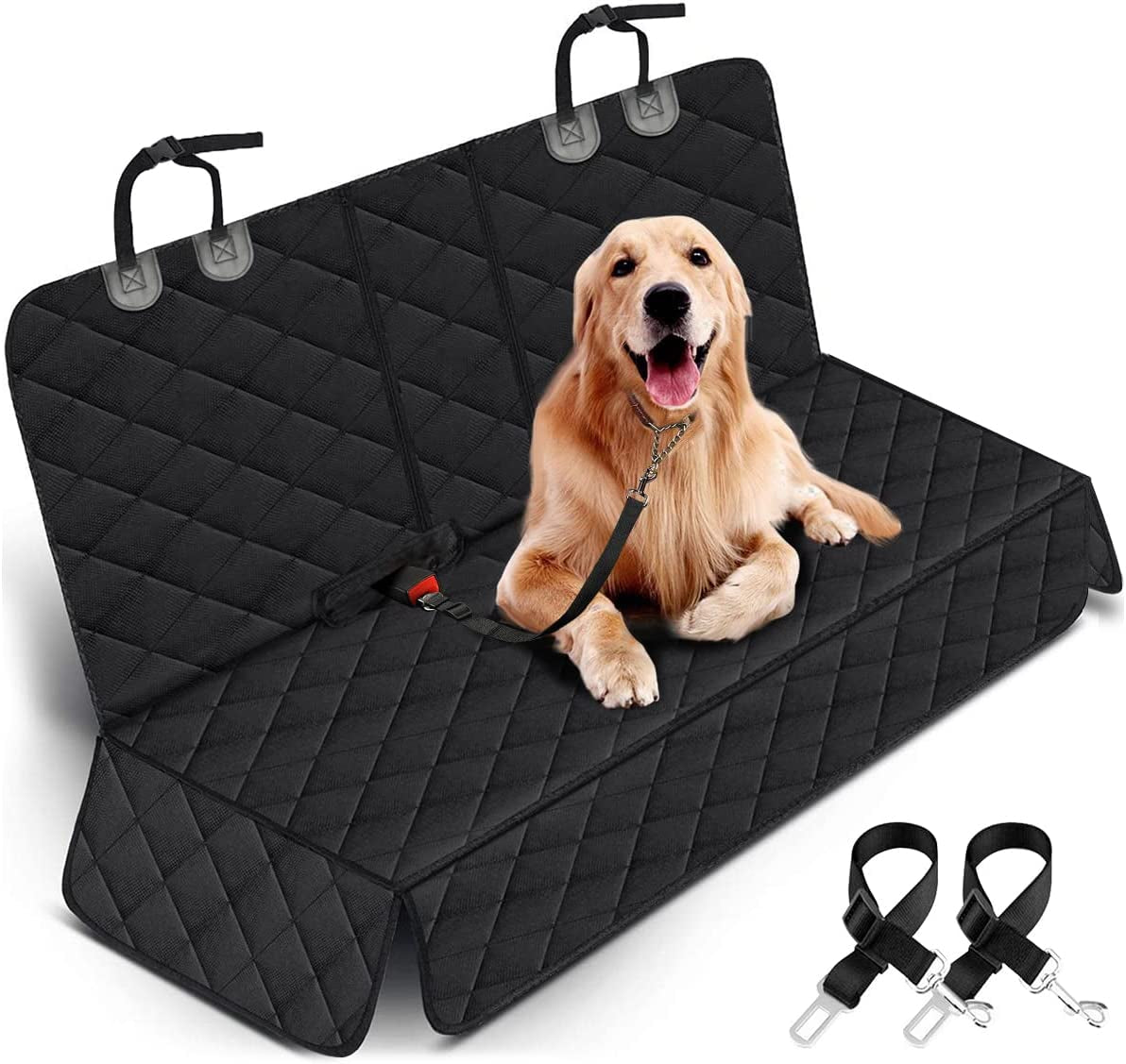 Dog Car Seat Cover for Back Seat – Waterproof, Non-Slip, Bench Protector for Dogs & Kids, Adjustable Seat Belts & Headrest Straps, Fits Most Cars, Trucks & SUVs – Black